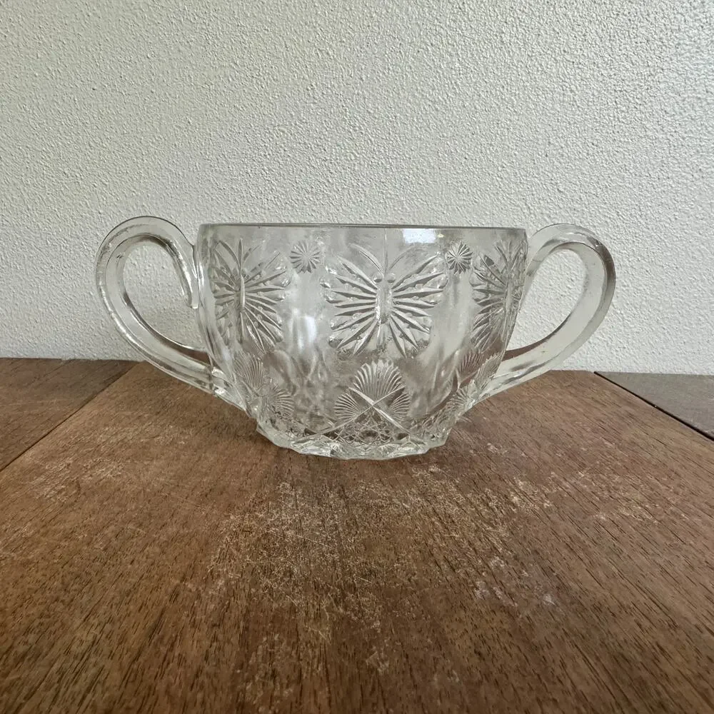 Indiana Glass Pressed Clear Glass‎ Butterfly Design Open Sugar Bowl